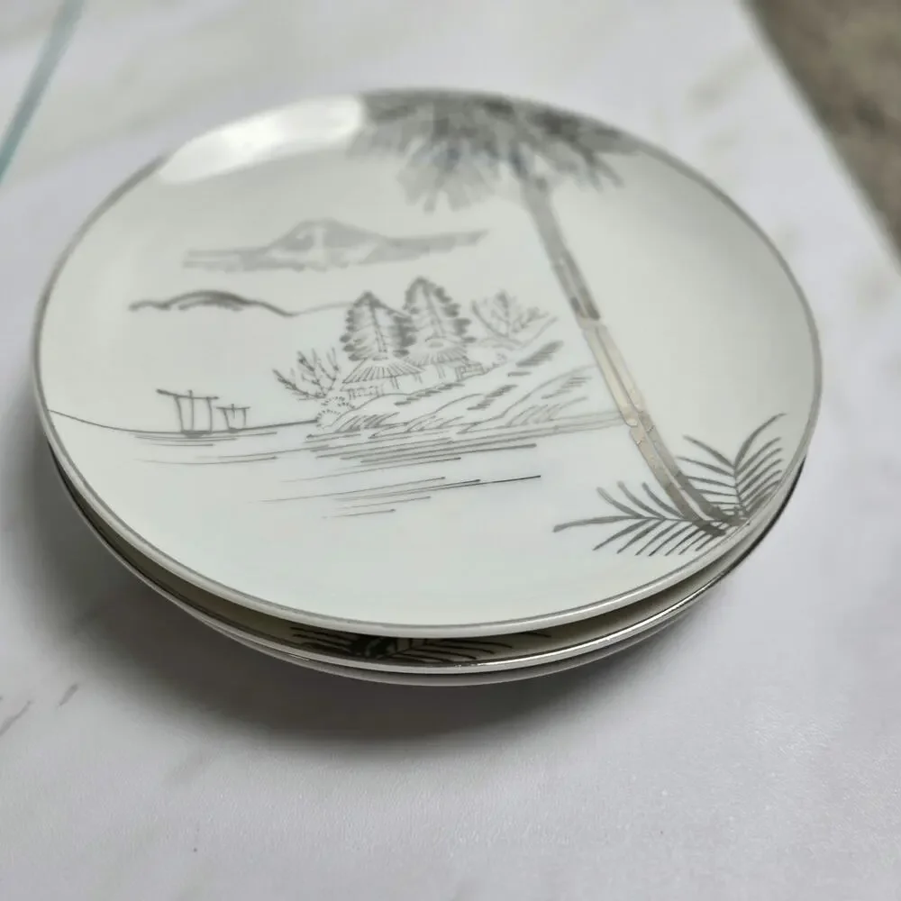 Vintage Meiyo China Nippon 1940s Silver Lithopane set of 4 plates 7 inch